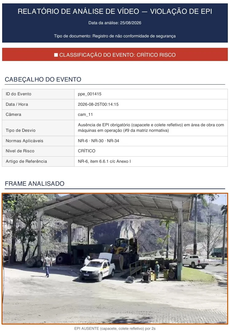 Laudo de violação de EPI com classificação crítica, cabeçalho do evento e normas aplicáveis