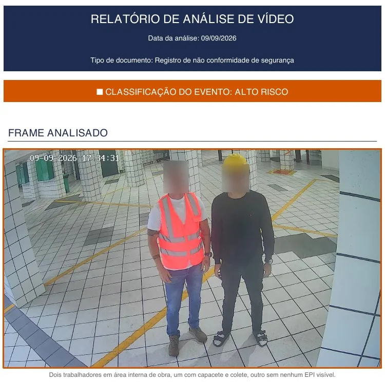 Laudo de análise de vídeo com classificação de alto risco e o frame analisado