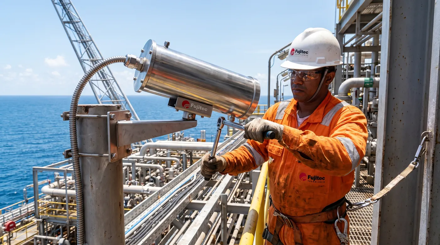 Técnico da Fujitec fixando câmera à prova de explosão em suporte de aço inox numa plataforma offshore